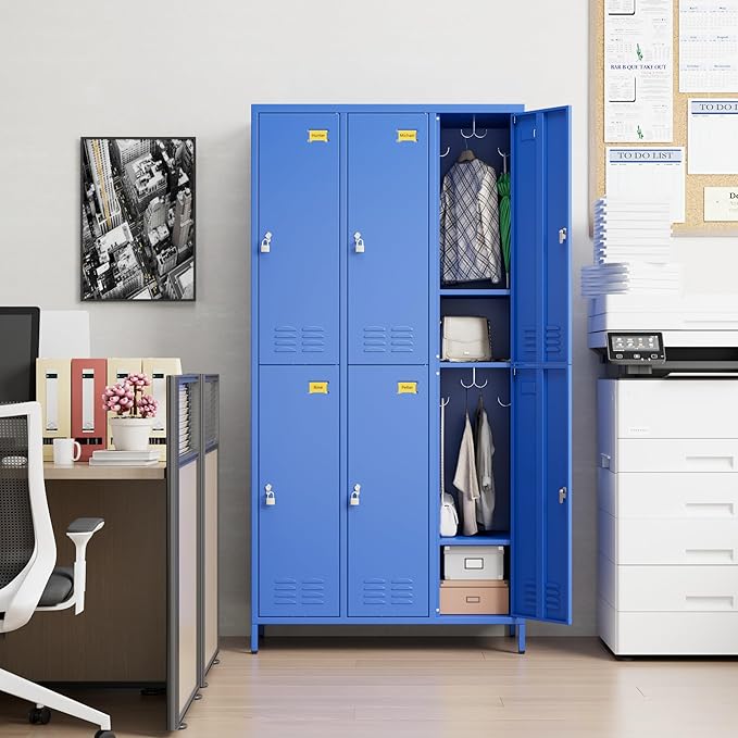 SUPEER 6 Doors Metal Locker for Employees with 18 Hooks and Business Card Holder,Metal Locker with Ventilation Holes for School Garage Office Gym Home,Assembly Required,Blue