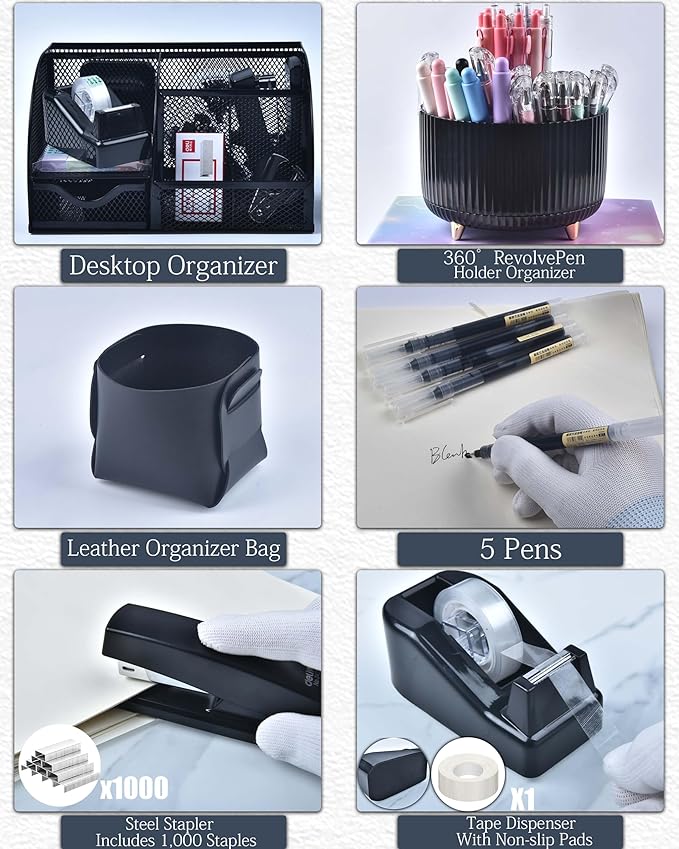 LXEVIHK 20Pcs Black Desk Organizers and Accessories With Mesh Desk Organizer and 360°Rotating Pen Holder and a Lot of Office Black Office Supplies Beautifully Presented in a Gift Box