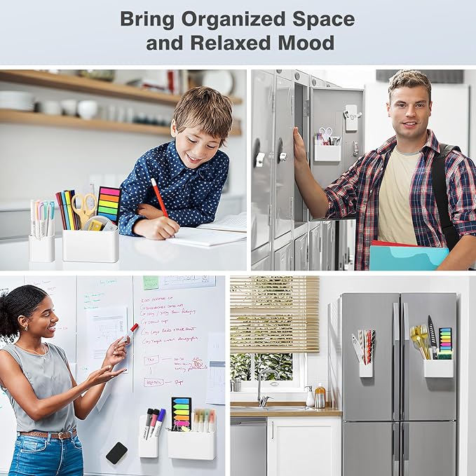 MoKo Magneitc Dry Erase Marker Holder Set, 3-Pack Magnetic Marker Pencil Holder Pen Organizer for Metal & Magnetic Surface, 1 Large with Divider & 2 Small Holders & 1 Dry Eraser, White