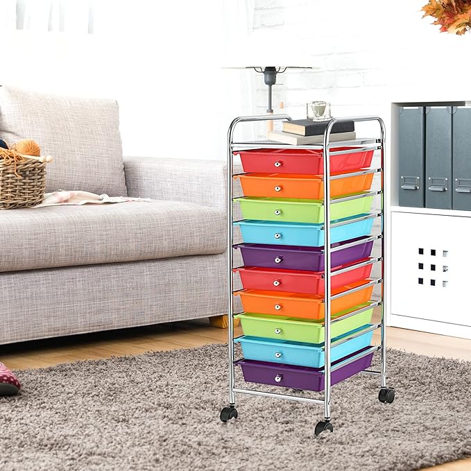 GLACER 10 Drawers Rolling Cart, Storage Cart with w/Removable Drawers & Steel Frame, Utility Mobile Trolley w/Universal Casters & 2 Brakes, Organizer Cart for Home, School, Office (Multicolor)