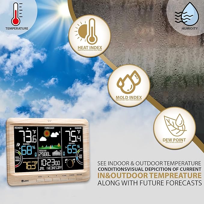 Weather Station Indoor Outdoor Thermometer Wireless, Home Atomic Clock with Large Constant Display, Inside Outside Temperature Humidity Monitor, Dew Heat Point, Barometer Wood