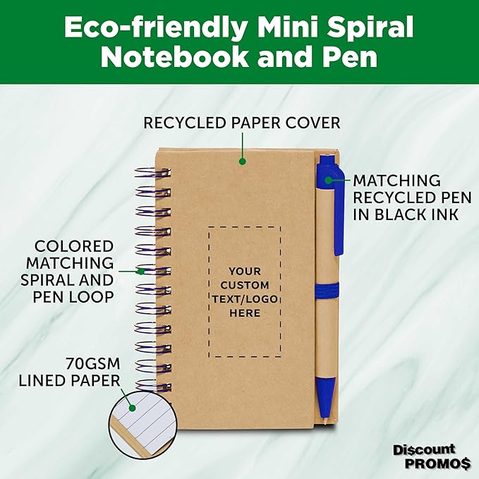 Custom Mini Spiral Notebooks with Black Ink Pens Set of 10/50/100, Personalized Bulk Pack - Perfect for School, Office, Business, Home - Blue
