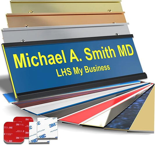 Custom Name Plate with Choice of Mounting for Walls, Doors, Desk Holders, Cubicles, Hanging and More - Personalized Blue Plastic Yellow Letters - USA Made 2x8 - B20