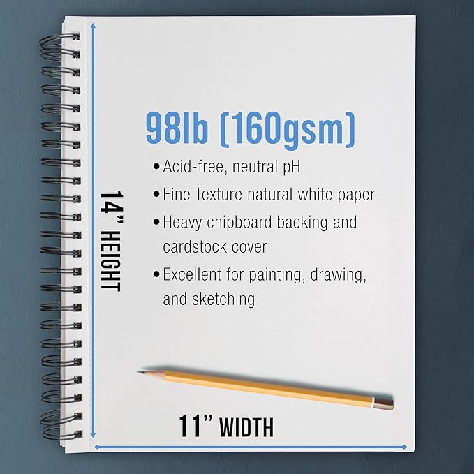 U.S. Art Supply 11"x14" Mixed Media Sketchbook, 2 Pack (60 Sheets), 98 lb (160 GSM) - Spiral-Bound Pad with Perforated Acid-Free Paper - Artist Sketch Book for Drawing, Painting, Watercolor