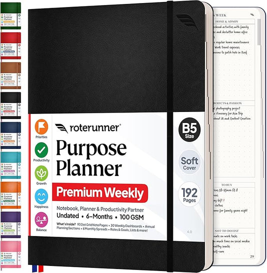 Roterunner Purpose Planner Notebook B5 7.5”x9.8” Undated 2026 Daily Weekly and Monthly Productivity Goal Setting Tool for Work Home ADHD Planner for Adults Self Care Journal