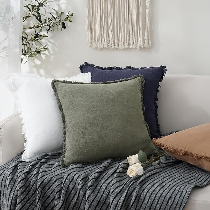 Foindtower Set of 2 Decorative Linen Fringe Throw Pillow Covers Cozy Boho Farmhouse Cushion Cover with Tassels Soft Accent Pillowcase for Couch Sofa Bed Living Room Home Decor,18×18 Inch,Olive Green
