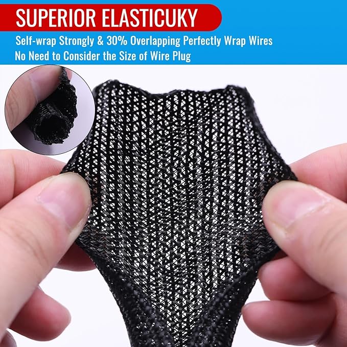 Flauzmann 1/2" Braided Cable Sleeve - 10Ft Cat Cord Protector Split Wire Loom Tubing Flexible Self Wrapping for USB, Audio, Automotive Cord, Dog Chew Proof Cable Protector - Black