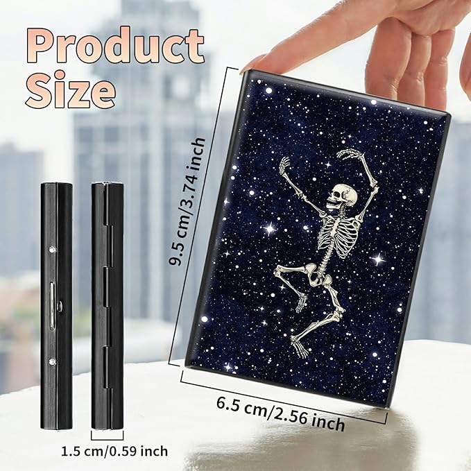 BWEGRHE Slim Credit Card Holder, Dance Skull Skeleton RFID Blocking Metal Wallet for Men & Women, Aluminum Minimalist Hard Case Pocket-Sized Business Cards Organizer (Fits Up to 10 Cards)