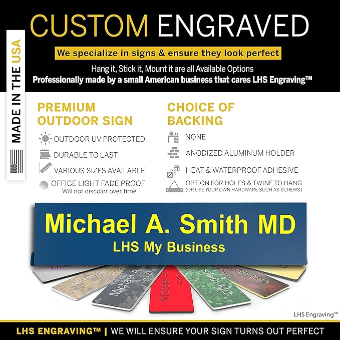Custom Name Plate with Choice of Mounting for Walls, Doors, Desk Holders, Cubicles, Hanging and More - Personalized Blue Plastic Yellow Letters - USA Made 2x8 - B20