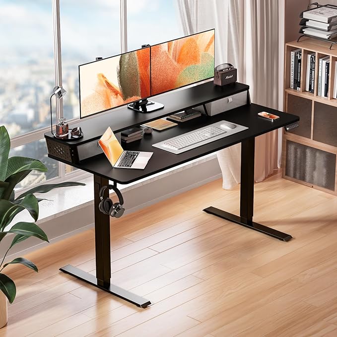 Kingant 55 x 24 Inch Electric Standing Desk with Dual Drawers, Height Adjustable Sit to Stand Computer Desk with Storage Shelf and C-Clamp Mount Compatibility for Home Office, Black