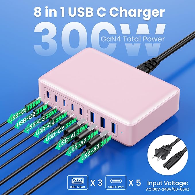 USB C Charger 300W USB C Charger Block 8-Ports GaN IV Fast Charging Station,PD 100W Laptop Charging Hub Wall Adapter Compatible with MacBook/Air,DELL,Steam Desk,iPhone 16/15/14,Galaxy S24