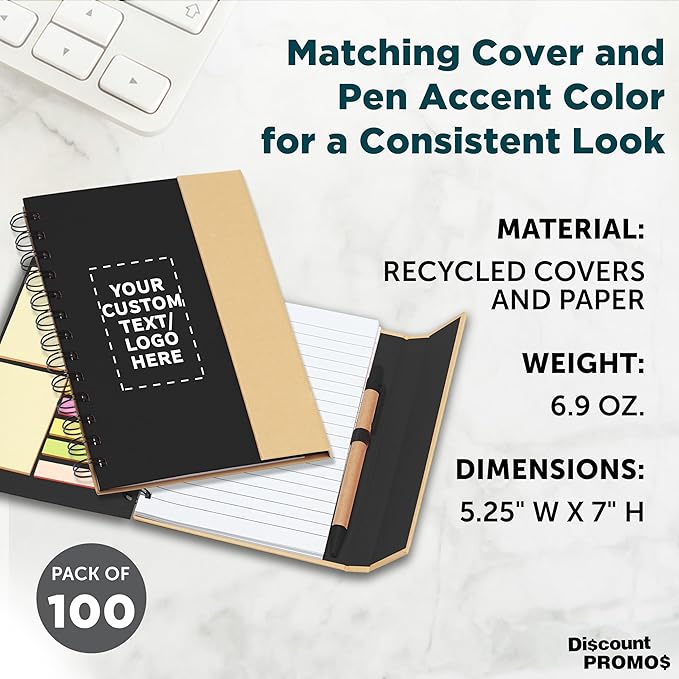 DISCOUNT PROMOS Custom Eco-Friendly Spiral Notebooks with Pens – Set of 100, Perfect for Mother’s Day Gift – Bulk Pack for School, Office, or Home – Black