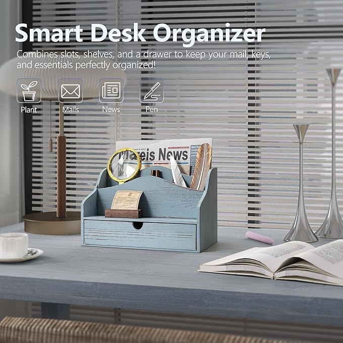 Rebee Vision Pine Wood Mail Organizer for Desk - Vintage Farmhouse Style Mail Organizer with Drawer & Dividers - 4-Slot Paper & Jewelry Sorter, Desktop Organizer for Exquisite Home Decor (Blue)