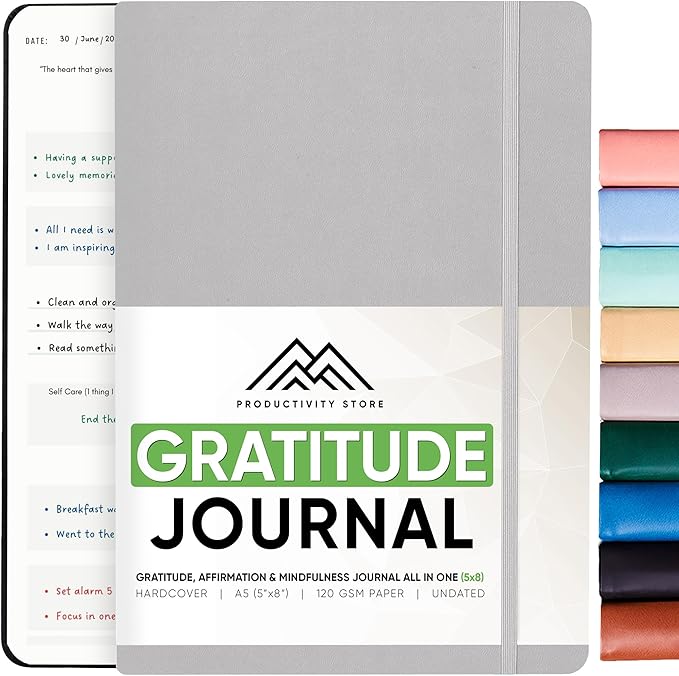 Gratitude Journal & Self Care Journal - Guided Journal, Mindfulness Journal & Mental Health Journal All-In-One - Premium Daily Journal For Women & Men - A5 5.8" x 8.3" - Grey