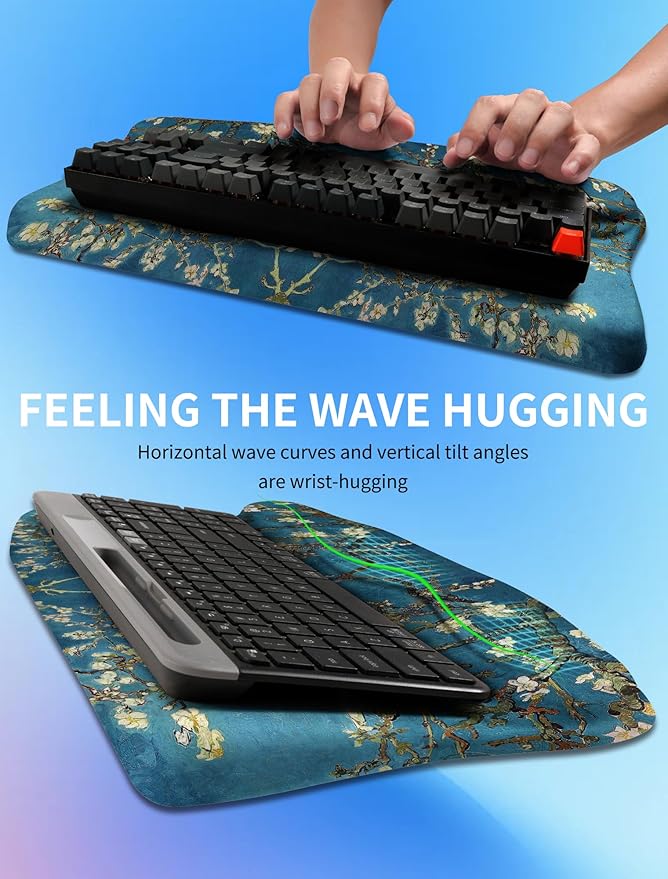 KUOSGM Ergonomic Wave Wrist Rest with Keyboard Stand, Cushioned Palm Rest, Comfortable Integrated Memory Foam for Natural Typing and Relieve Wrist Pain, Van Gogh Apricot Blossom