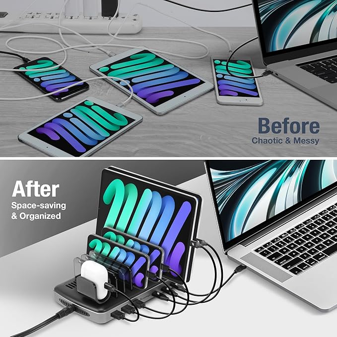 AceProAV 160W 6-Port USB-C and USB-A Charging Station Organizer with 140W PD 3.1 – Includes Cables – for MacBook, iPhone, iPad, AirPods, Smartphones, Tablets, and Gaming Devices