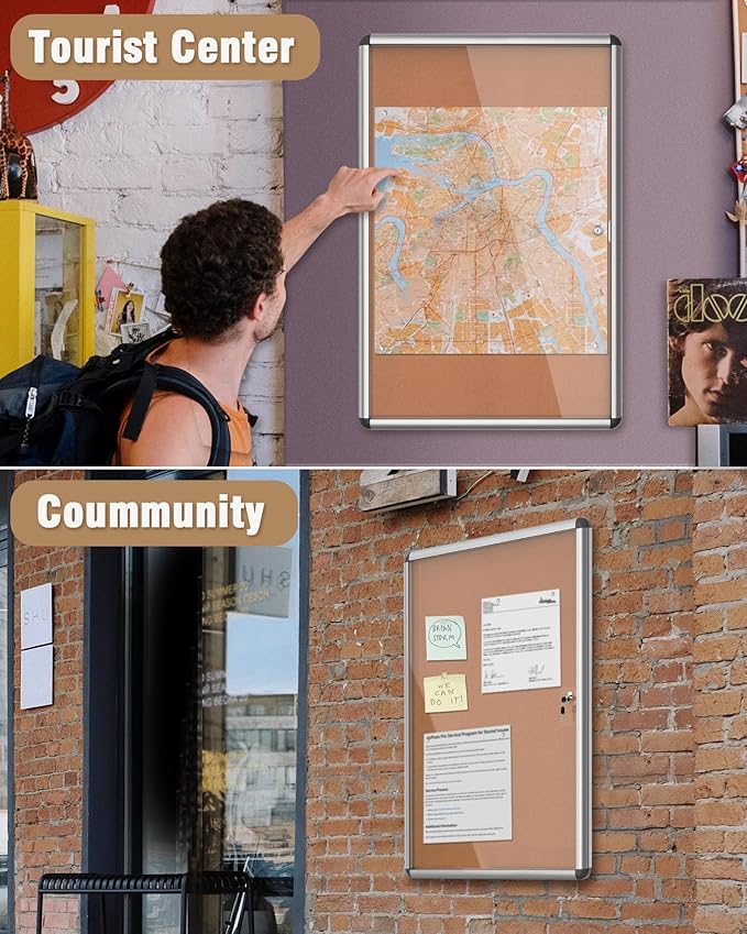 Mifuro 36"x24" Enclosed Bulletin Board, Lockable Weather-Resistant Aluminum Cork Noticeboard for School & Office, Silver Frame w/Cork