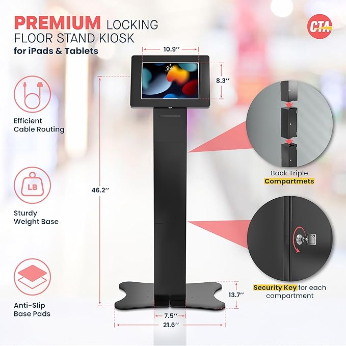 CTA Digital Locking Kiosk & Enclosure – Premium Locking Floor Stand Kiosk with Universal Security Enclosure - Storage and Cable Management for Retail POS - Ordering Screens & More Black (PAD-PARAFPE)