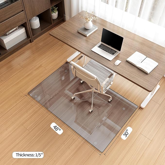 Koonmi Tempered Glass Chair Mat for Hardwood Floors & Carpets, 30" x 48“ Grey Heavy Duty Office Floor Protector, Scratch & Dust Concealing, Noise-Free for Home Office Desk