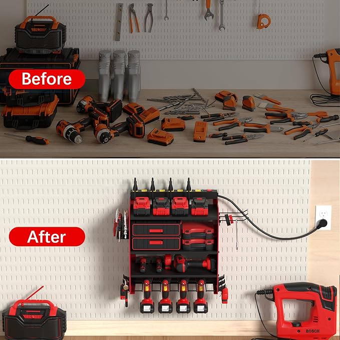 CFMASTER Power Tool Organizer Wall Mount with Charging Station - Heavy-Duty Cordless Drill Holder,Adjustable Tool Storage Rack for Garage,Workshop,Wall-Mounted Tool Organizer Gifts for Fathers Day