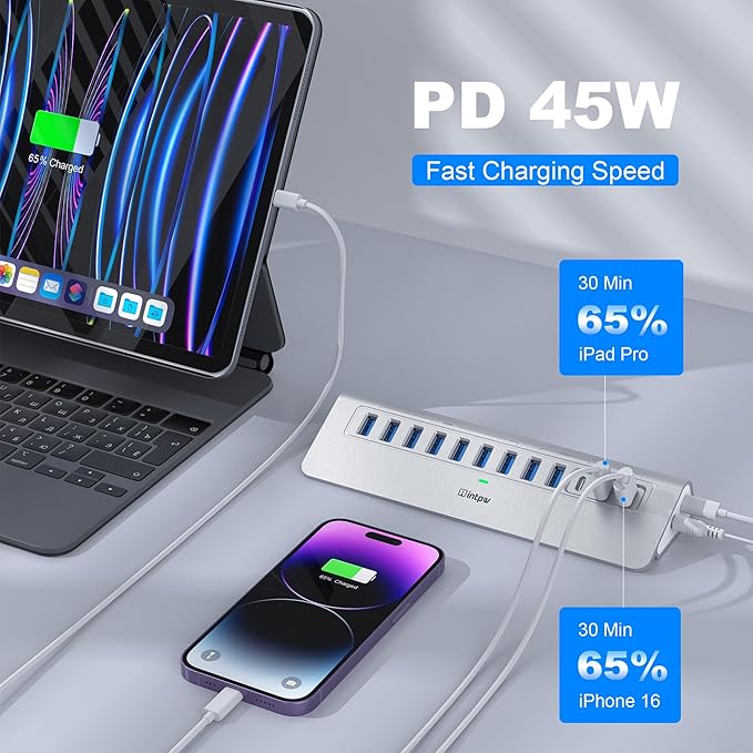 YH9AC Powered USB Hub 10Gbps, intpw 12 Port USB C Hub with 10Gbps USB C 3.2+2 USB A 3.2, 7 USB 3.0, 2 PD 45W Charging Port, 65W Power Adapter + 3.3FT Cable, Aluminum USB Hub for Laptop/iPhone 17/16/PC