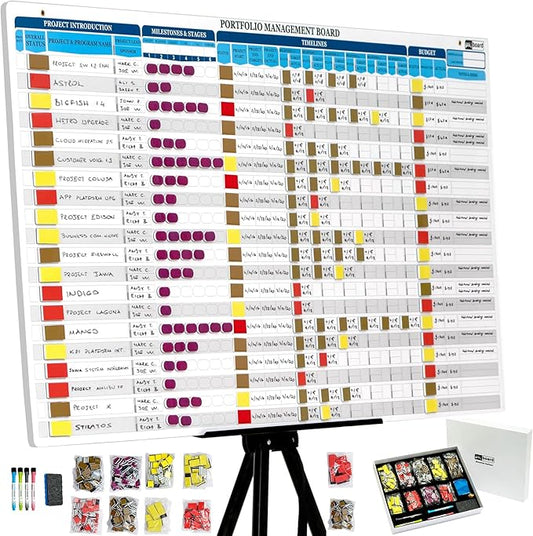 PMXBOARD Portfolio Project Management Board Set – Magnetic Whiteboard with Easel, 44” x 23”, 660 Magnets & Accessories – Track Up to 20 Projects, Budget, Risk & Timeline–Visual Project Planner&Tracker