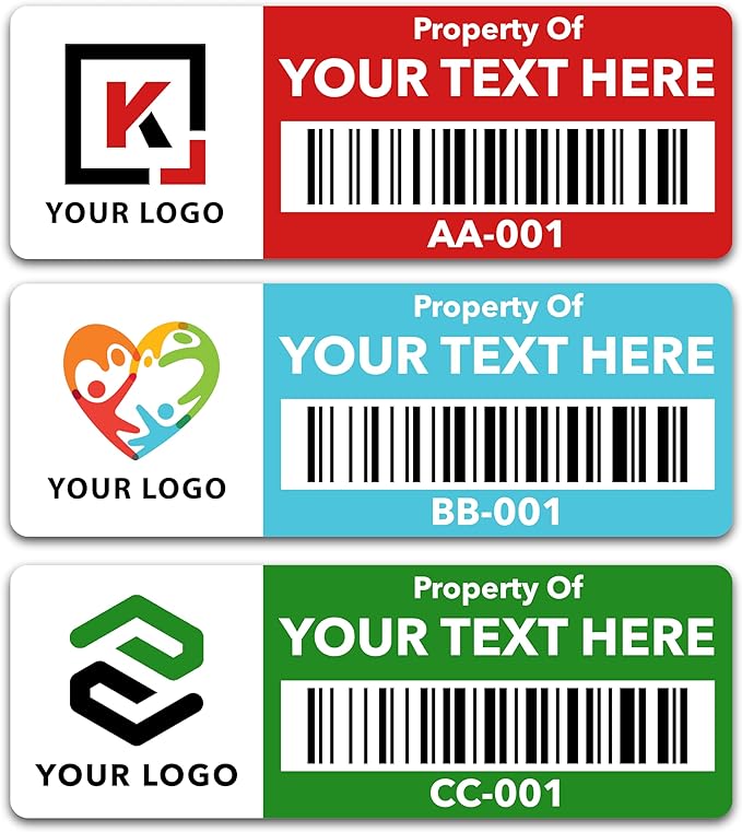 Custom Asset Tags (Upload Your Logo) - Asset Labels with Barcodes - 2” x 0.7” (50-5000 Labels)