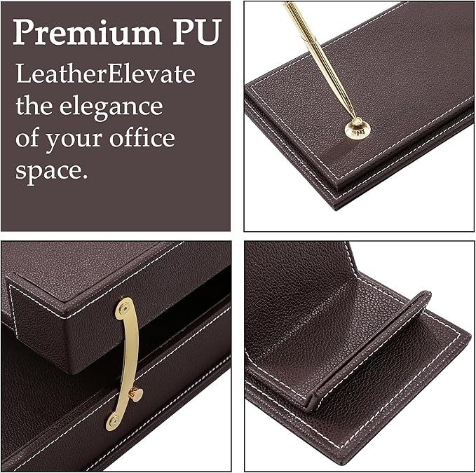 RitPin Desk Set, 11-Piece All-in-One – Executive Desk Accessories & Office Supplies, Leather Desk Organizer with Desk Pad & Blotter, 2-Tier Letter Tray, Luxury Office Desk Decor & Boss Gifts (Brown)