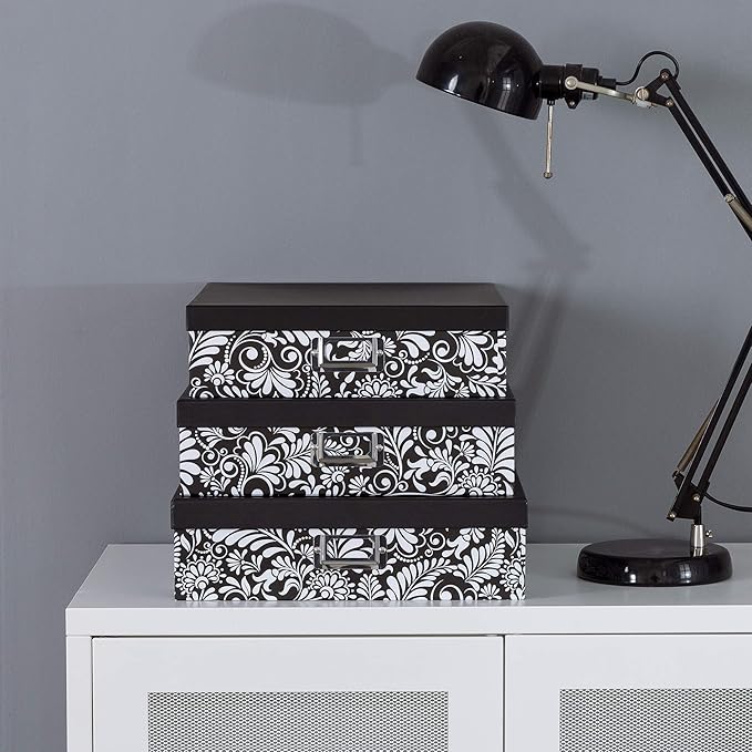 Soul & Lane Modern Botanical Decorative Cardboard Boxes with Lids, Set of 3 Black and White Floral Letter Storage for Documents, Memory Boxes for Keepsakes, Photos, Scrapbooks