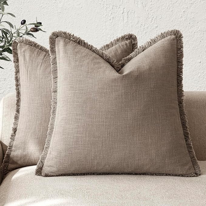 Foindtower Set of 2 Decorative Linen Fringe Throw Pillow Covers Boho Farmhouse Cushion Cover with Tassels Accent Pillowcase for Couch Chair Sofa Bed Living Room Home Decor,22×22 Inch,Brown Tan