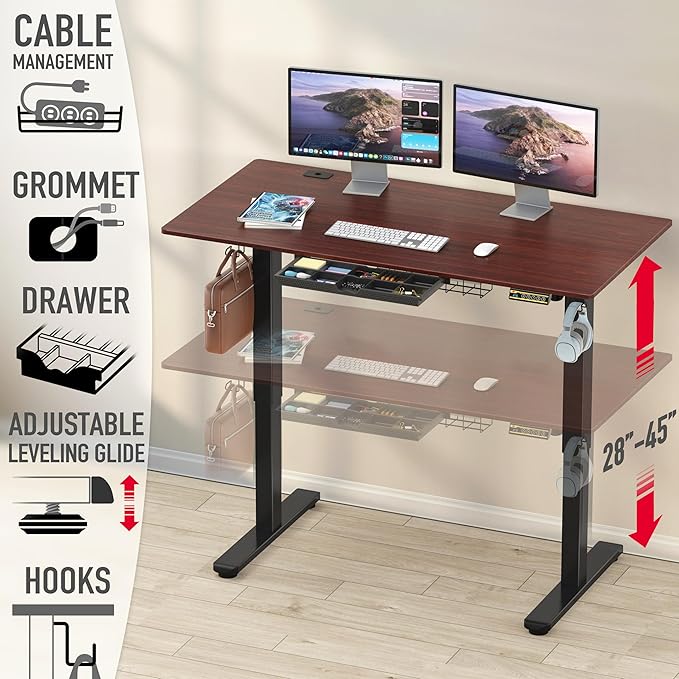 SHW 55 x 28 Inches Electric Height Adjustable Standing Desk with Drawer and Memory Preset, Cherry