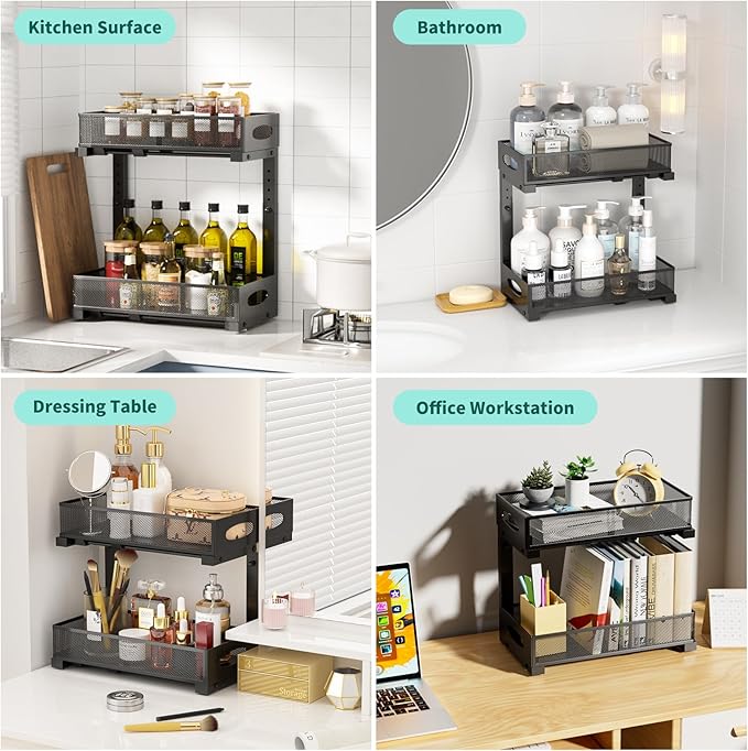 Beleeb Under Sink Organizer, 1-Pack of 2-Tier Metal Slide Out Pull Out Cabinet Organizer Shelf, Height Adjustable Organization and Storage Series, Bathroom/Desktop/Cabinet/Kitchen organization, Black
