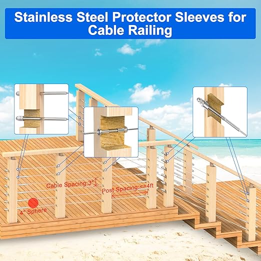 BLIKA 80 Pack Stainless Steel Protector Sleeves for 1/8" Deck Cable Railing, for Wood/Composite Posts, T316 Marine Grade, Cable Railing Protector Sleeves