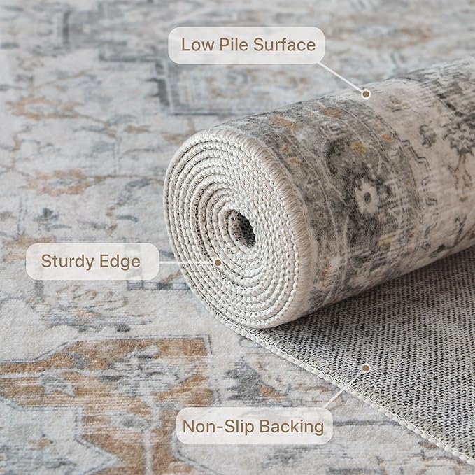 GENIMO 8FT Round Area Rugs for Living Room, Circle Rugs Machine Washable Low Pile, Chenille Non Slip Vintage Rug for Bedroom, Dining Room, Home Office, Light Taupe Brown