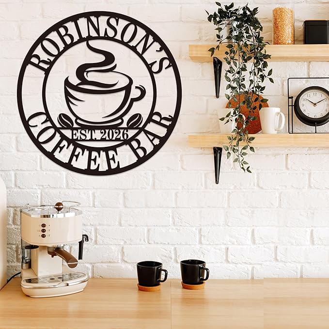 Personalized Coffee Bar Metal Sign, Custom Name Wall Art for Kitchen or Cafe, Coffee Station Decor, Housewarming Gift for Family or Couple, Custom Home Wall Ornament