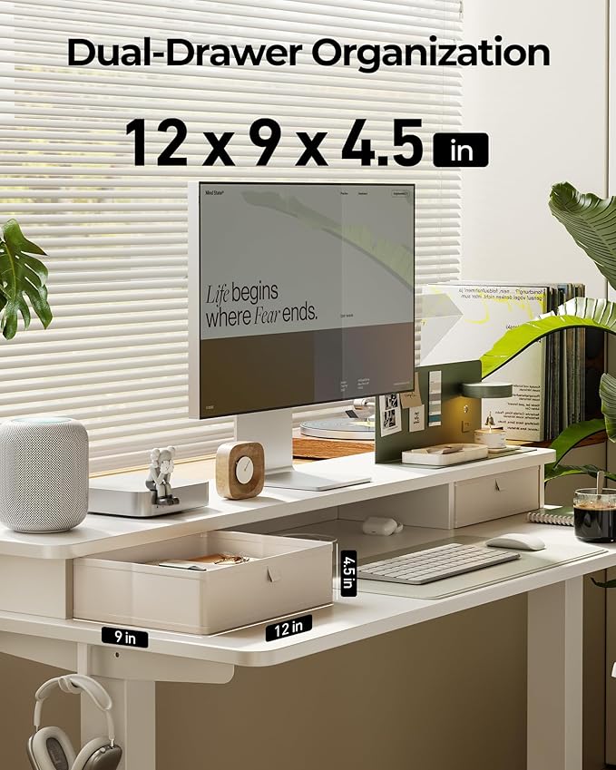 FEZIBO 40 x 24 Inch Height Adjustable Electric Standing Desk with Double Drawer, Stand up Home Office Computer Desk with 4 Height-Adjustable Feets & 2 Hooks, White