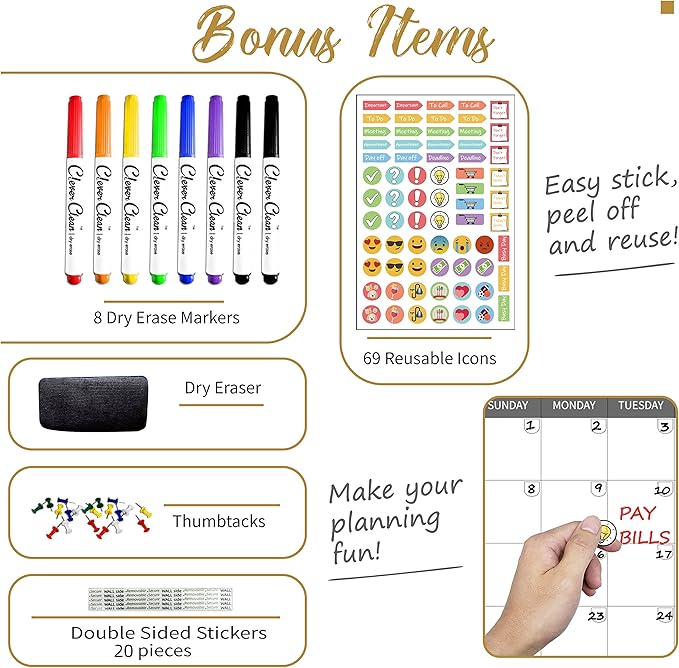 CLEVER CLEAN Large Dry Erase Wall Calendar - 48"x58" 12-month 2026 Undated Reusable Yearly Calendar for Home, Office, School Projects - Jumbo Laminated Task Organizer