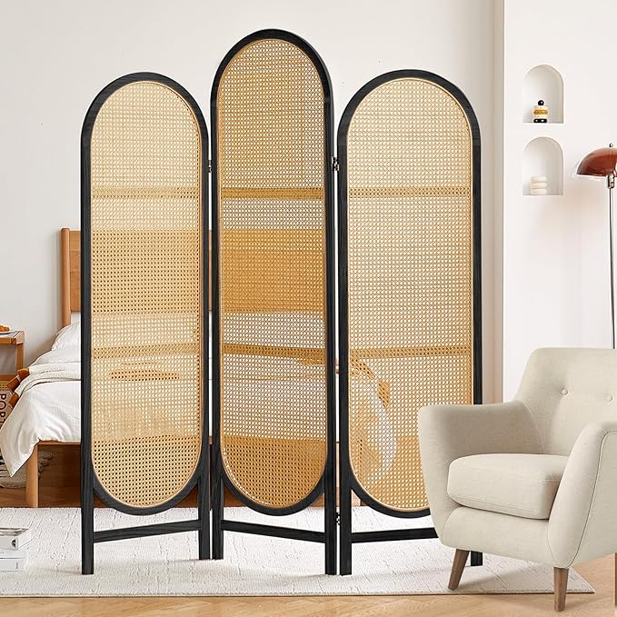 Asnefeli Room Divider 3 Panel, Hand-Woven Rattan Room Divider with Wooden Frame, Unique Design Foldable Privacy Screen, Portable Freestanding Partition Screen for Home Office, Bedroom, Black