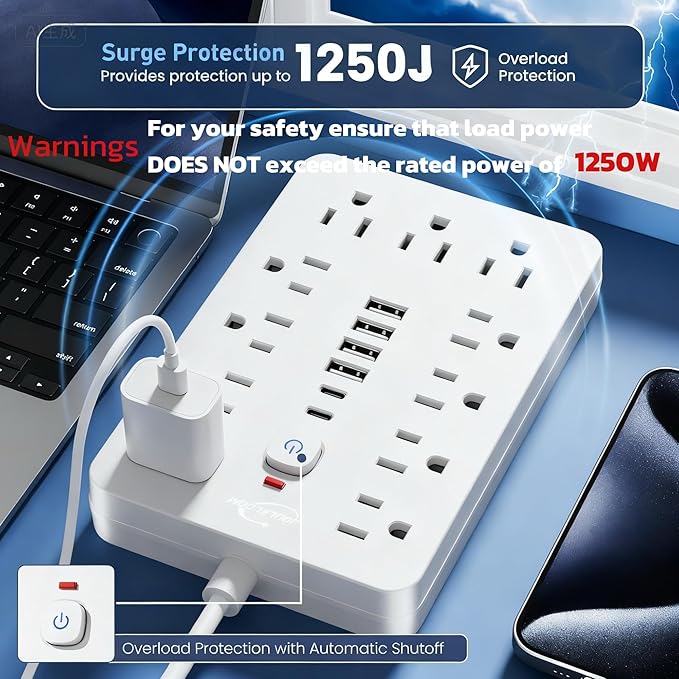 JouleLoom 6 FT Flat Plug Surge Protector Power Strip,11 Multiple AC Outlets with 6 USB Ports (2 USB C), 6 Feet Extension Cord, 1250W/10A, One Touch Switch Button, 17 in 1 Compact powerstrip-White