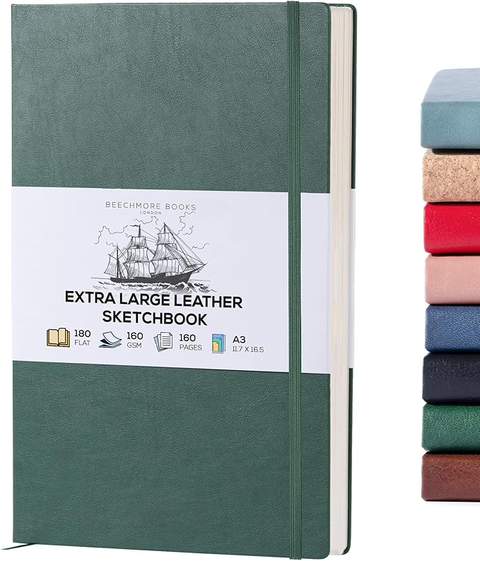 Beechmore Books A3 Sketchbook – 11.7x16.5 Premium Vegan Leather Bound Large Sketch Book Hardcover with 160 Thick 160gsm Perforated Ivory Pages, Blank Sketch Pad Gift Boxed Back Pocket Ribbon Bookmark