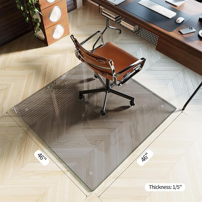 Koonmi Tempered Glass Chair Mat for Hardwood Floors & Carpets, 46" x 46“ Grey Heavy Duty Office Floor Protector, Scratch & Dust Concealing, Noise-Free for Home Office Desk