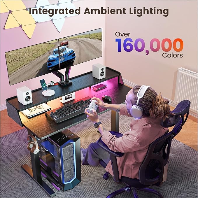 ErGear Standing Desk with LED Strip, 55″ x 28″ Electric Height Adjustable RGB Gaming Table with Shelf, Sit Stand Desk with Dual Cable Holes, C-Clamp Mount Compatible, 4 Preset Heights, Black