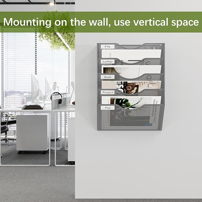 EasyPAG 5 Pocket Mesh Wall File Organizer, Hanging Paper Folder Holder with Classify Label, Vertical Wall Mount Mail Organizer for Office Home Classroom, Silver