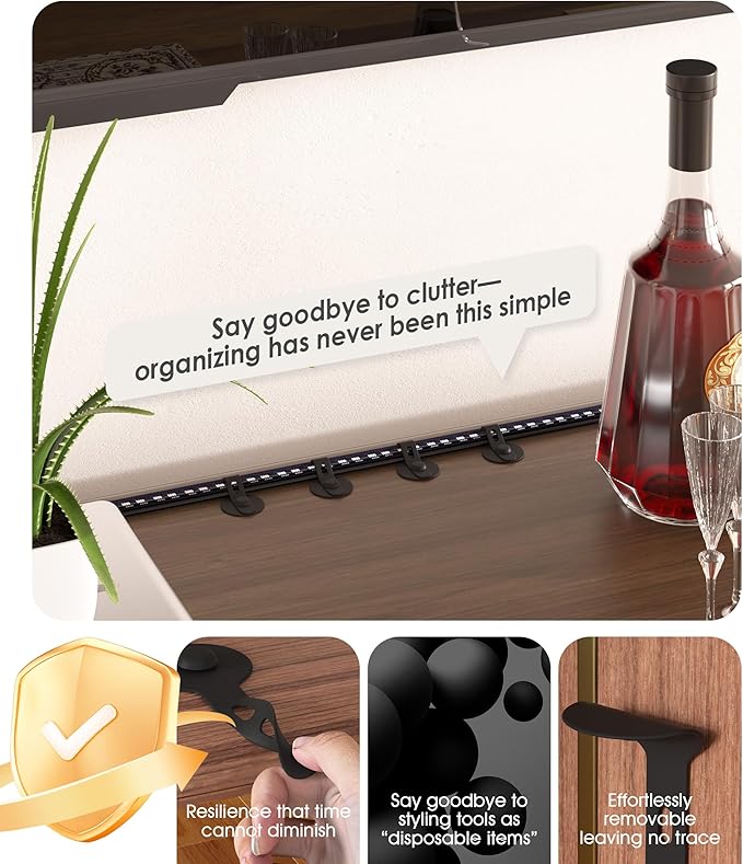 Nearockle Cable Management Under Desk, Adjustable Self-Adhesive Silicone Cable Ties Cord Organizer, Reusable Heavy-Duty Cord Holder Under Table for Office, Home, School (10Pcs-Black)