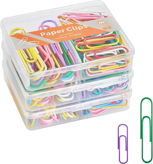 NEEWAY Colorful Paper Clips Assorted Sizes, Small and Large Paperclips, 210 Count, 3 Pack of 70 (Multicolor)