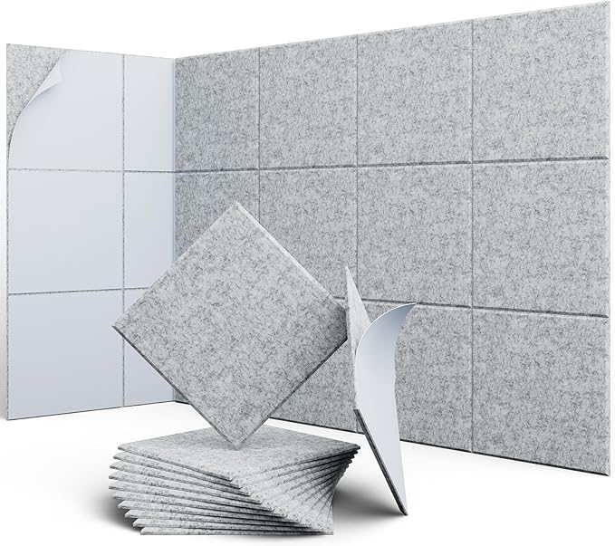 UNECHO 12 Pack 12" X 12" X 0.4" Acoustic Panels for Wall Sound Absorbing,Square Self-Adhesive Sound Panels, High Density Suitable for Multiple Scenarios(Silver Gray)