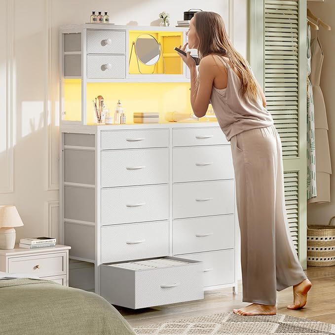 EnHomee 62.8" H Dresser for Bedroom with Multiple Fabric Drawers,White Dresser with Charging Station and LED Lights,Dressers & Chests of Drawers for Bedroom, Steel Frame & Wooden Top, Entryway