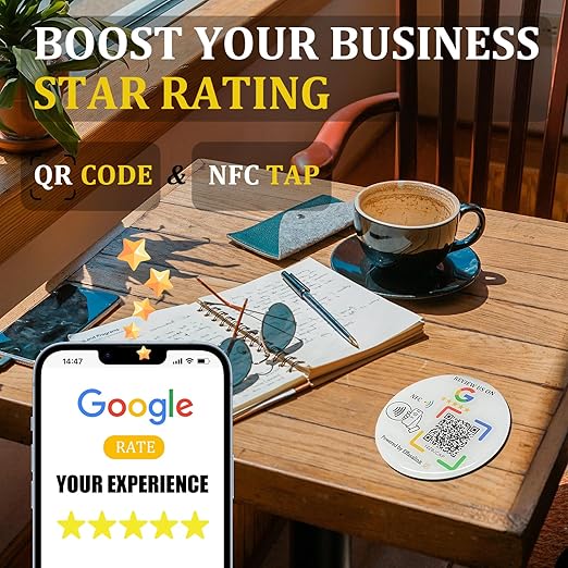 Epoxy Sticky Card with NFC Chip & QR Code - Compatible with Google Business Page for Customer Reviews, Boost Business Reviews, Essential for Small Businesses, No App, No Monthly Fee (Black-5 Cards)