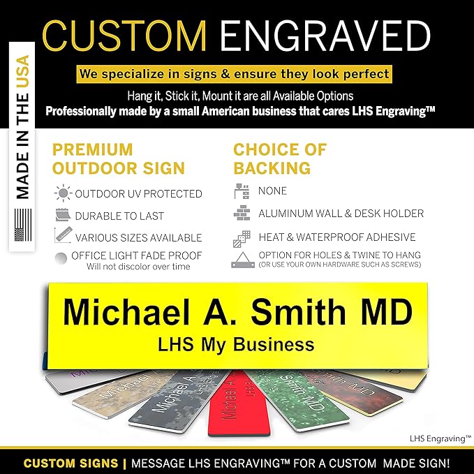 Door Name Plate Personalized for Office Yellow Plastic Name Plate Black Letters - Made in USA 2x8 B4