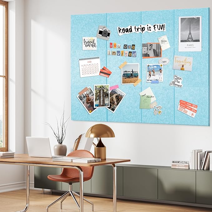 AKTOP Cork Board Bulletin Board 47"x35", 12 Pack Removable Felt Cork Board Tiles for Wall, Large Corkboard Notice Pin Board for Office, School & Home, 48 Safe Adhesive Tabs, 20 Push Pins, Baby Blue